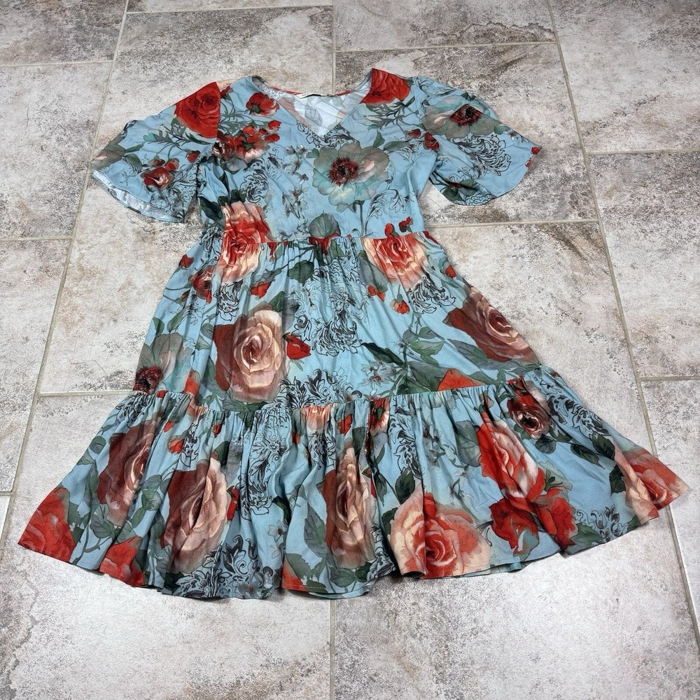 Soft Surroundings First Blooms Tiered Maxi Dress Womens Small Blueā Red Floral